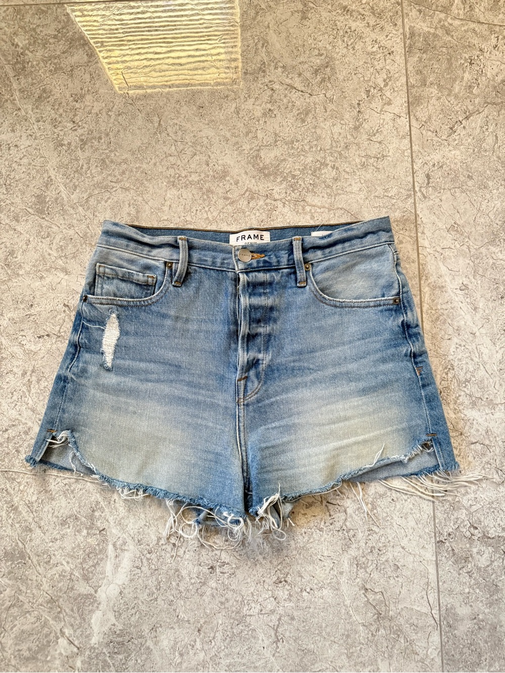 Frame Denim Light Blue Denim Distressed High-Rise Shorts size 26